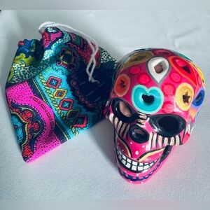 Large Hand Painted Sugar Skull Day of the Dead Mexico Art Pottery W/Bag